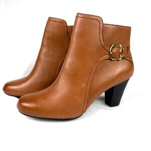 CLARKS Womens 9.5 Tan Leather Sapphire Vesta Heeled Ankle Boot Brown Side Zip